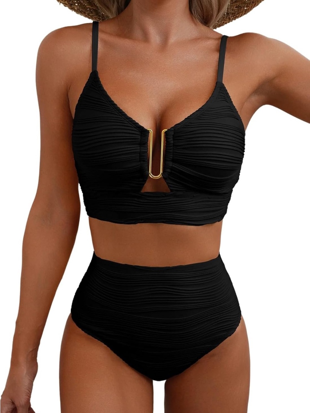 Herseas NWOT XL Black High-Waist TIK TOK VIRAL Gold U Ruched Bikini Set